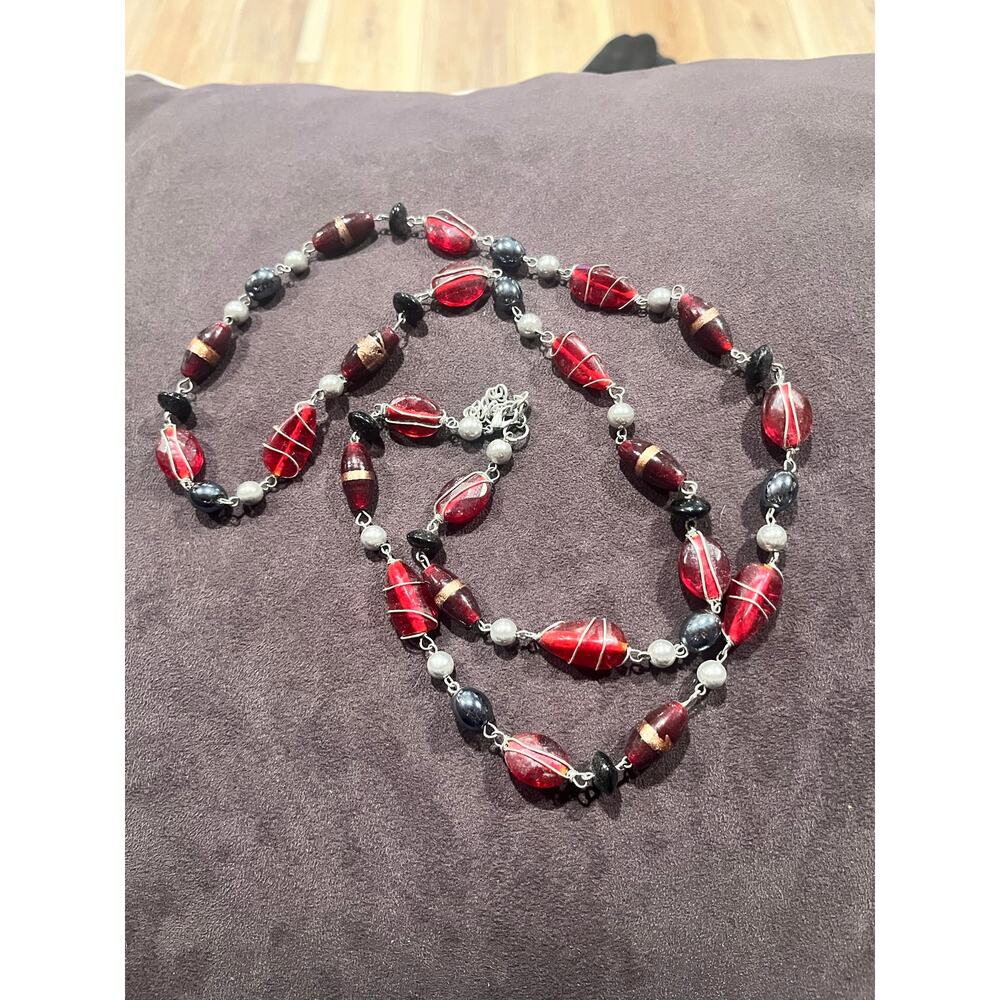 Vintage 80s Glass Bead Necklace Wire wrapped